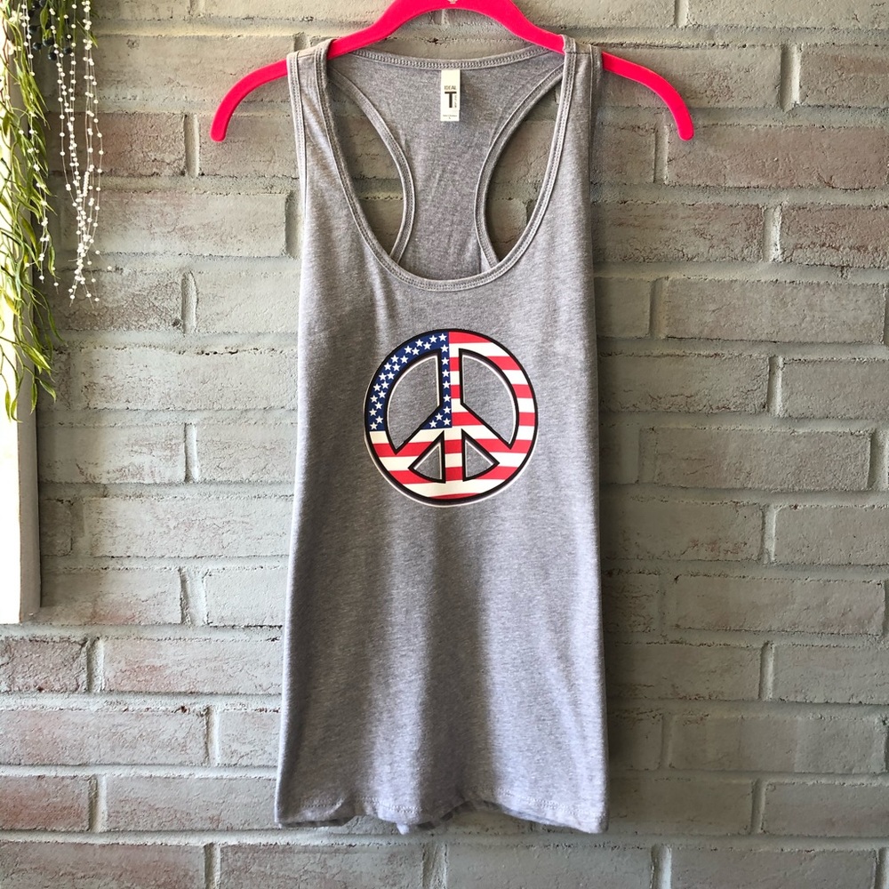 New,Woman’s Grey Large tank, vinyl peace sign.